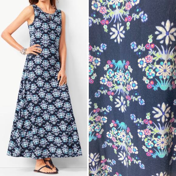 TALBOTS DRESS XL FAIRY FLORAL BLUE KNIT JERSEY MAXI LONG PINK BREEZY FLOWY - Picture 1 of 13